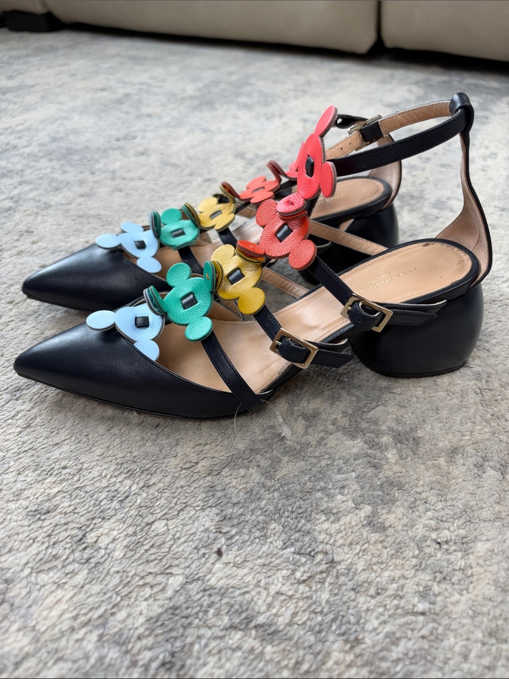 Anya Hindmarch Apex Cage Sandals Navy Blue Leather T Strap Flower Sz 36